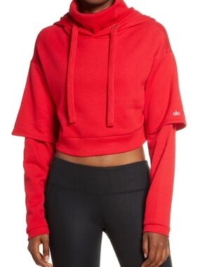 ALO Yoga Women's Bright Red Cropped Layered Hoodie with Drawstrings M